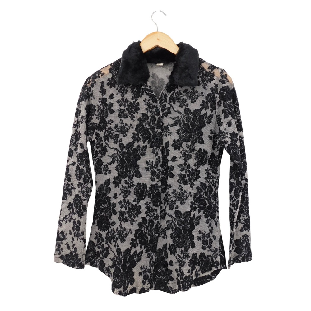 Vintage Sweet Pea Black Floral Lace Mesh Button Down Top Faux Fur Collar Size M